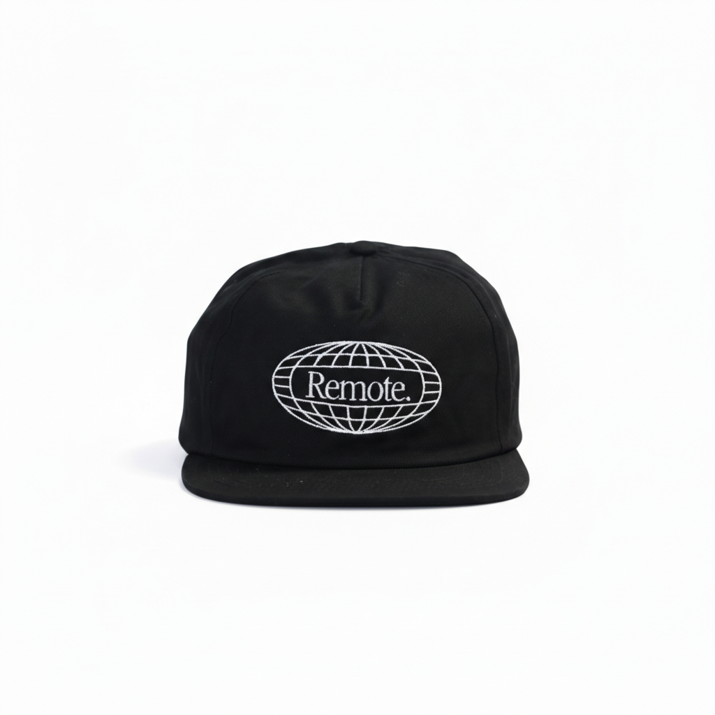 Black World Wide embroidered hat with white globe logo on a white background