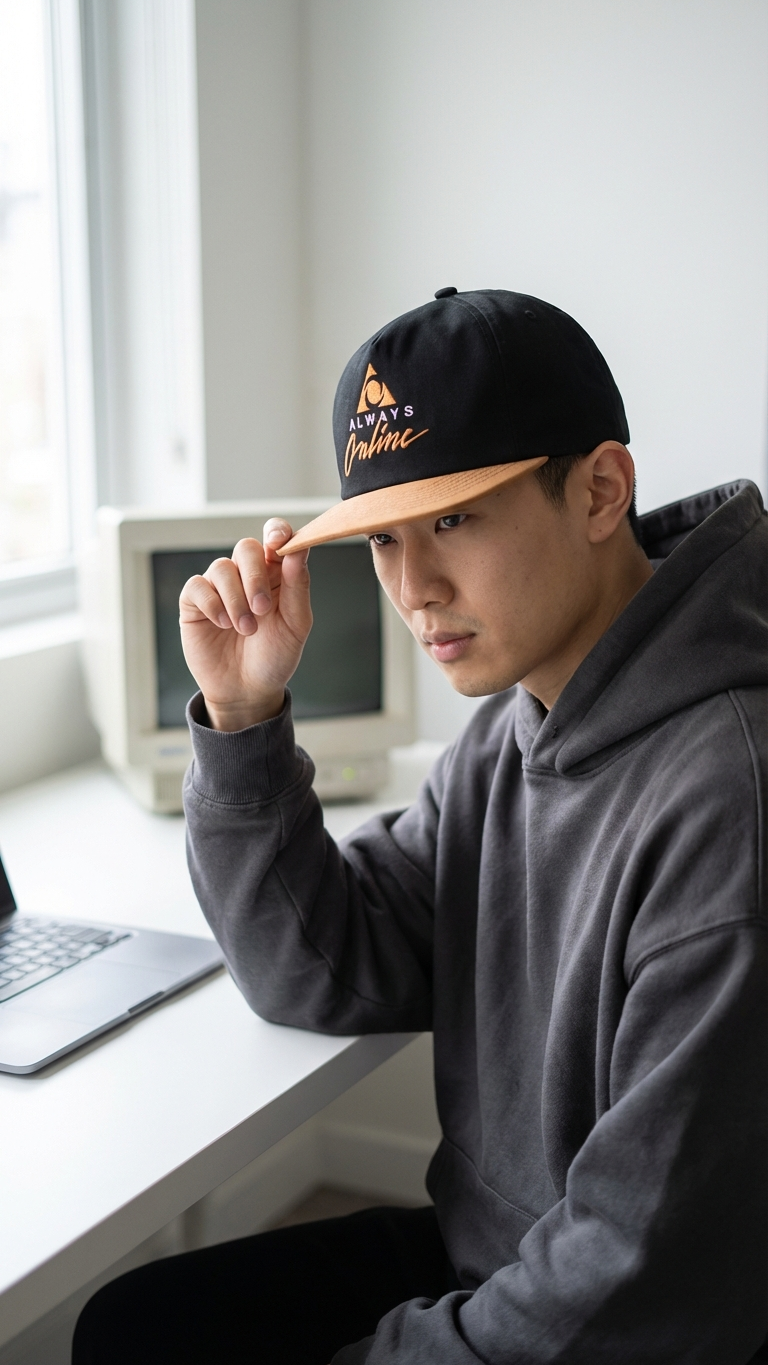 Black and tan “Always Online” embroidered dad hat worn while working at a desk