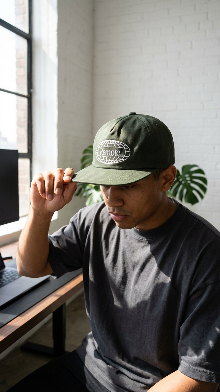 Dark green embroidered World Wide hat with white globe logo worn at a desk