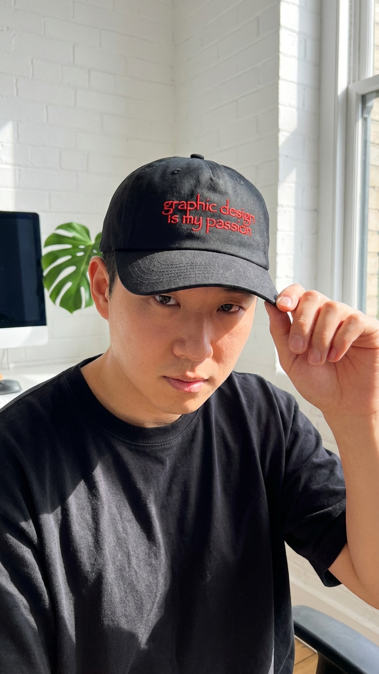 Black “Graphic Design Is My Passion” embroidered dad hat with red text