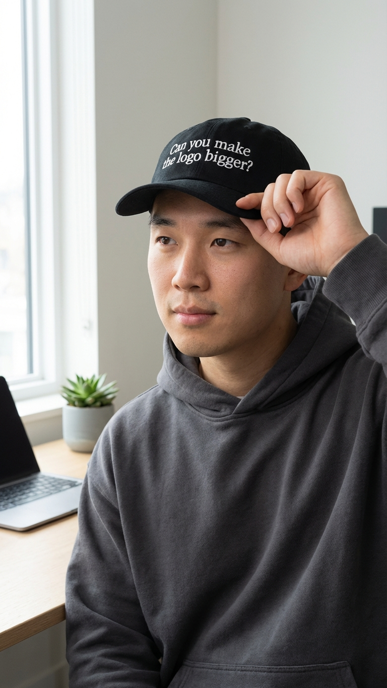 Black “Can you make the logo bigger?” embroidered dad hat worn at a desk