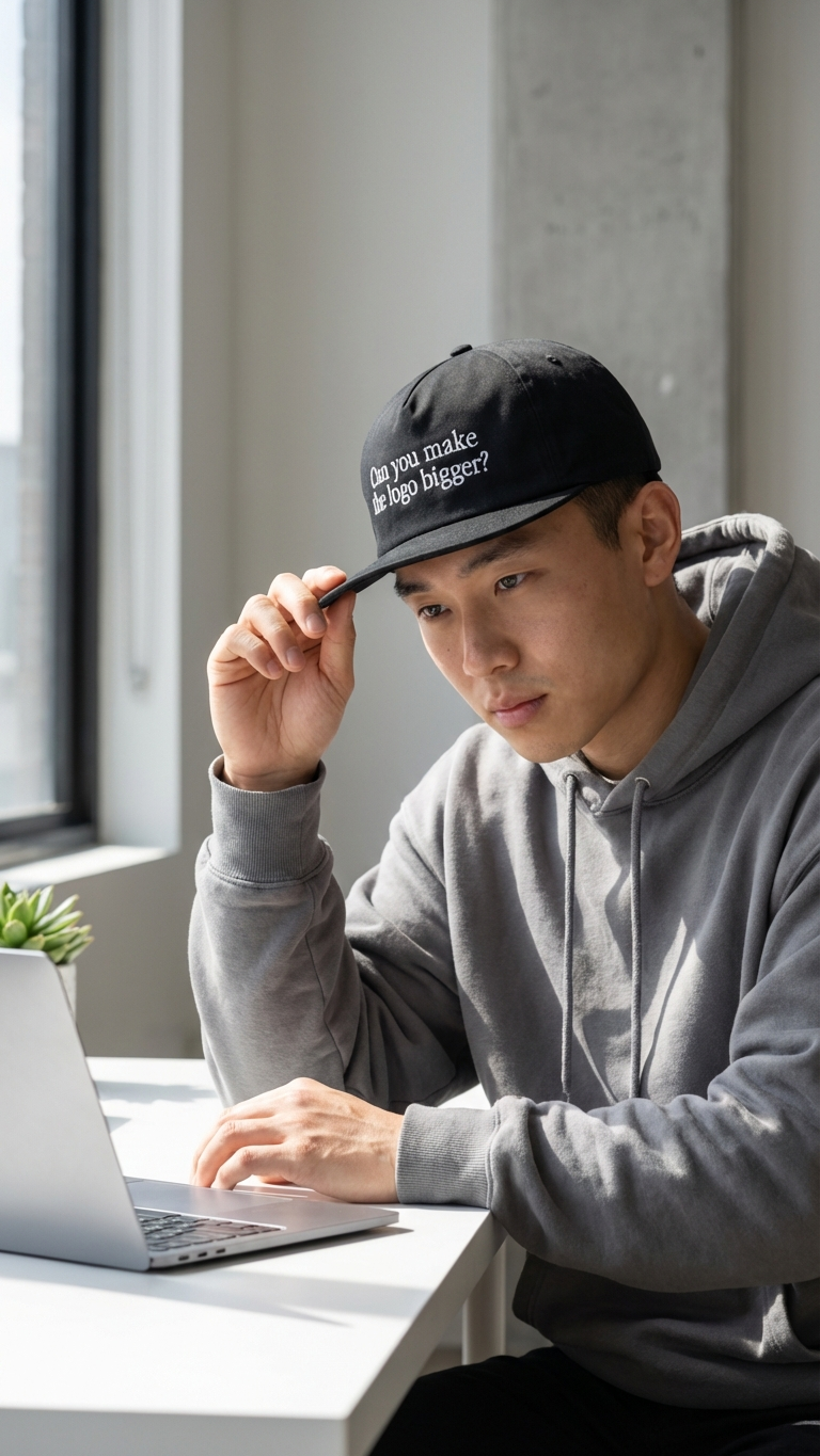 Black “Can you make the logo bigger?” embroidered hat worn at a desk