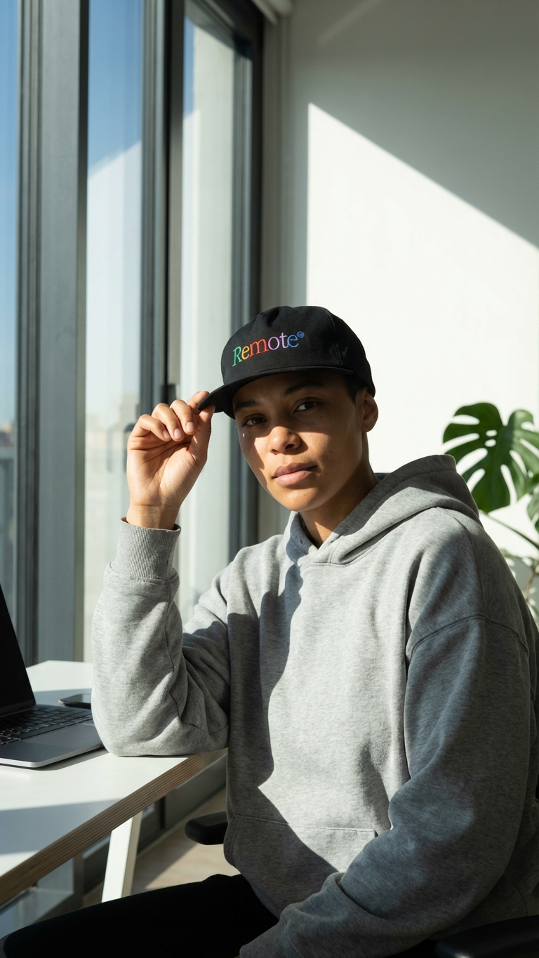 Black embroidered nylon “Remote” 5-panel hat with multicolor lettering worn at a desk
