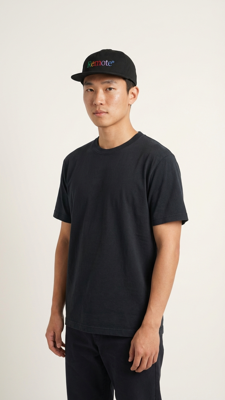 Black embroidered nylon “Remote” 5-panel hat with multicolor lettering