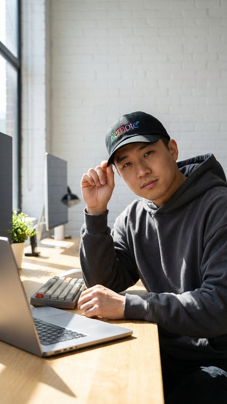 Black embroidered nylon “Remote” dad hat with multicolor lettering worn at a desk