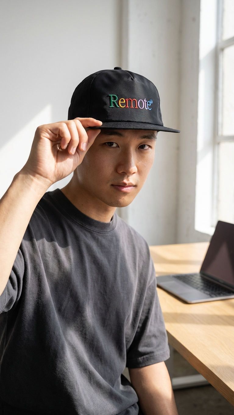 Black embroidered nylon “Remote” hat with multicolor lettering worn at a desk