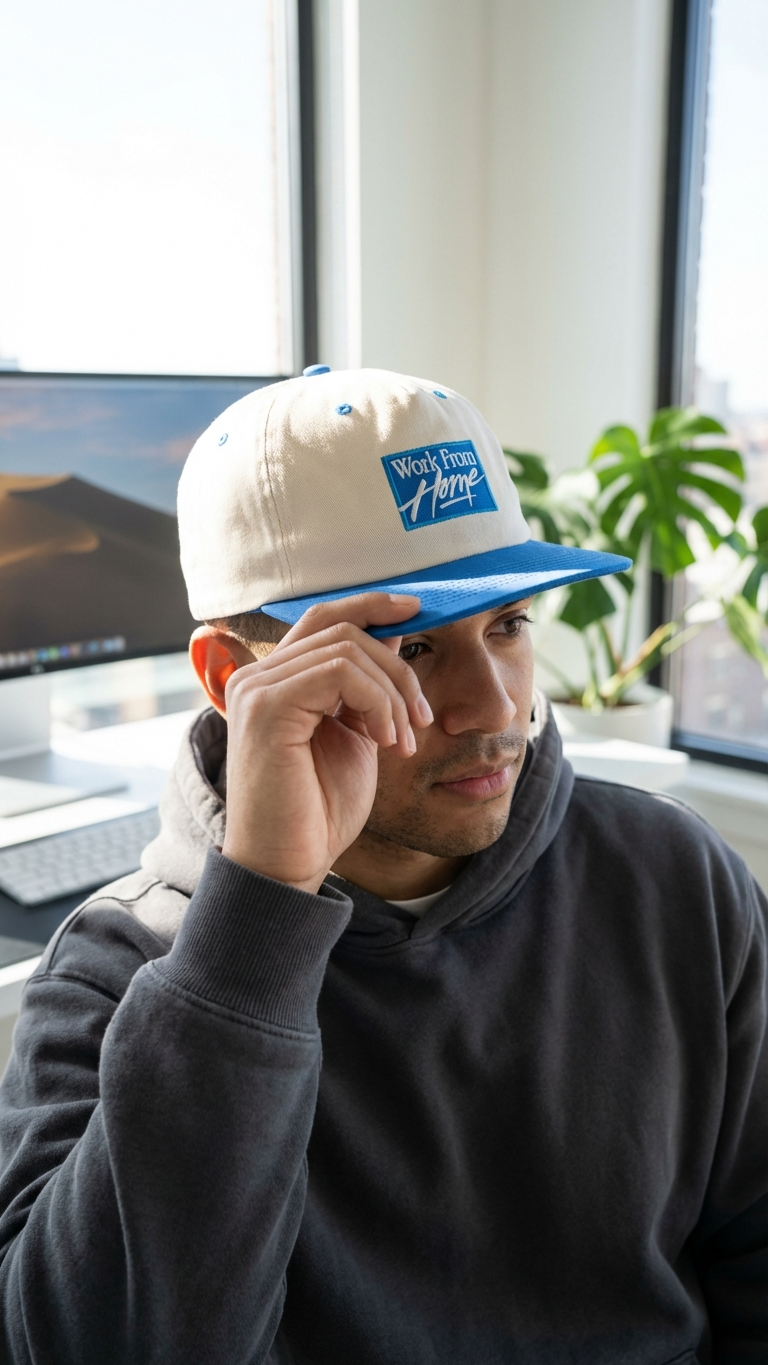 Cream and blue “Work From Home” embroidered hat with blue brim