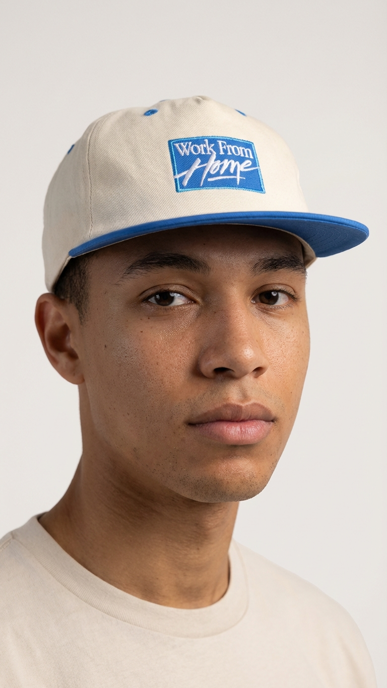 Person wearing a cap with 'Work From Home' text on a plain background