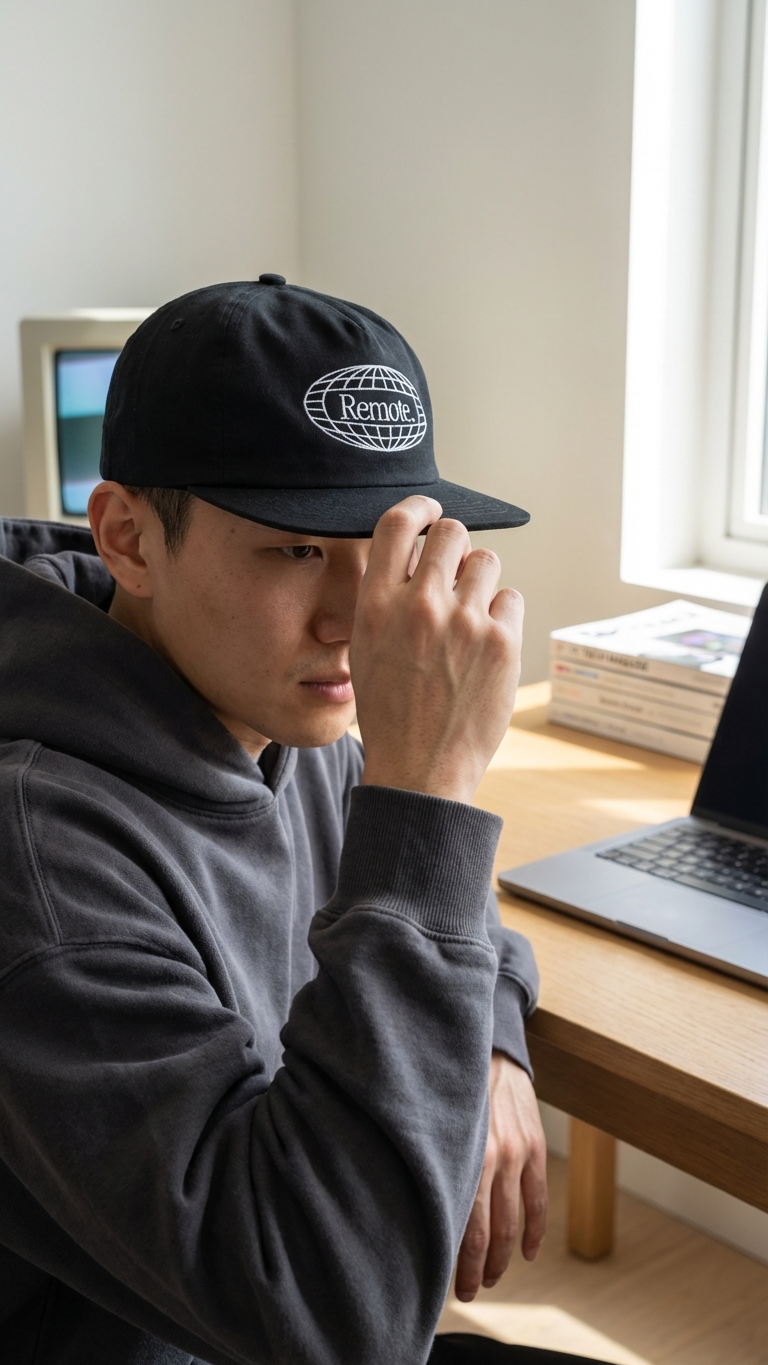 Black World Wide embroidered hat with white globe logo worn at a desk