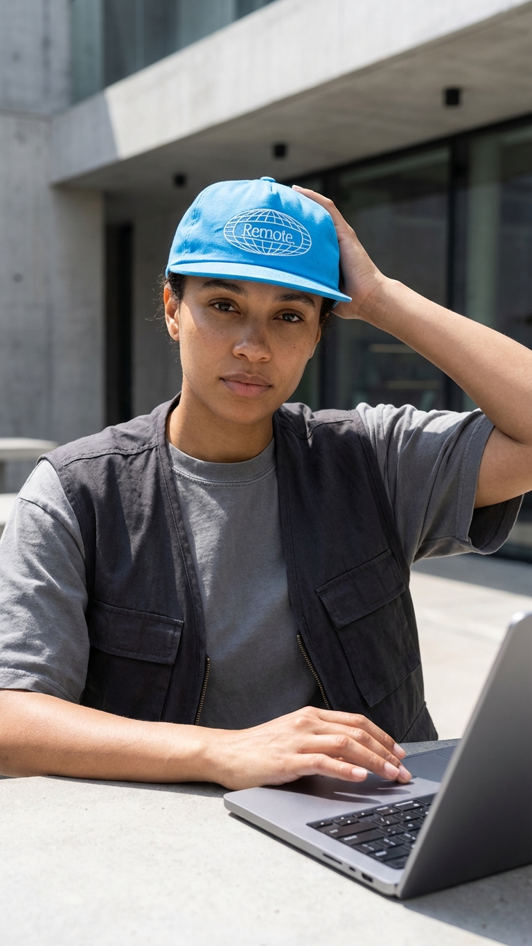 Blue World Wide embroidered hat with globe logo, worn while working remotely